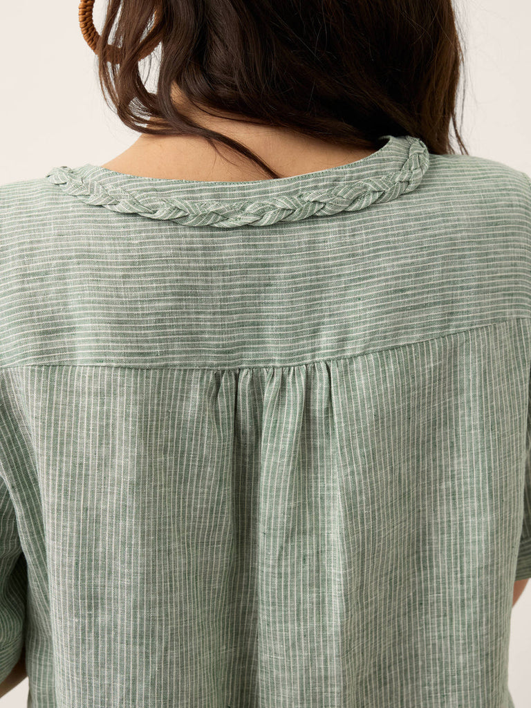 Women’s Scalloped Collar Pleated Short Sleeve Linen Blouse