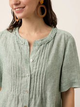 Load image into Gallery viewer, Women’s Scalloped Collar Pleated Short Sleeve Linen Blouse