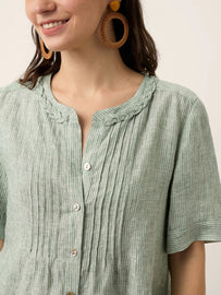 Women’s Scalloped Collar Pleated Short Sleeve Linen Blouse