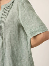 Load image into Gallery viewer, Women’s Scalloped Collar Pleated Short Sleeve Linen Blouse