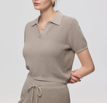 Load image into Gallery viewer, Women’s Johnny Collar Open Knit Cropped Polo Top