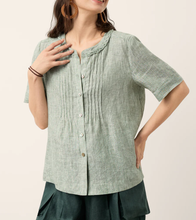 Load image into Gallery viewer, Women’s Scalloped Collar Pleated Short Sleeve Linen Blouse