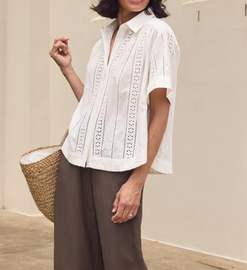 Women’s Relaxed Fit Broderie Anglaise Short Sleeve Button Down Shirt