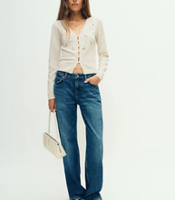 Load image into Gallery viewer, Fitted V-Neck Regenerative Wool Eyelet Embroidered Cropped Cardigan