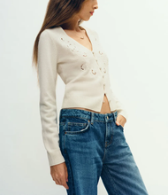 Load image into Gallery viewer, Fitted V-Neck Regenerative Wool Eyelet Embroidered Cropped Cardigan